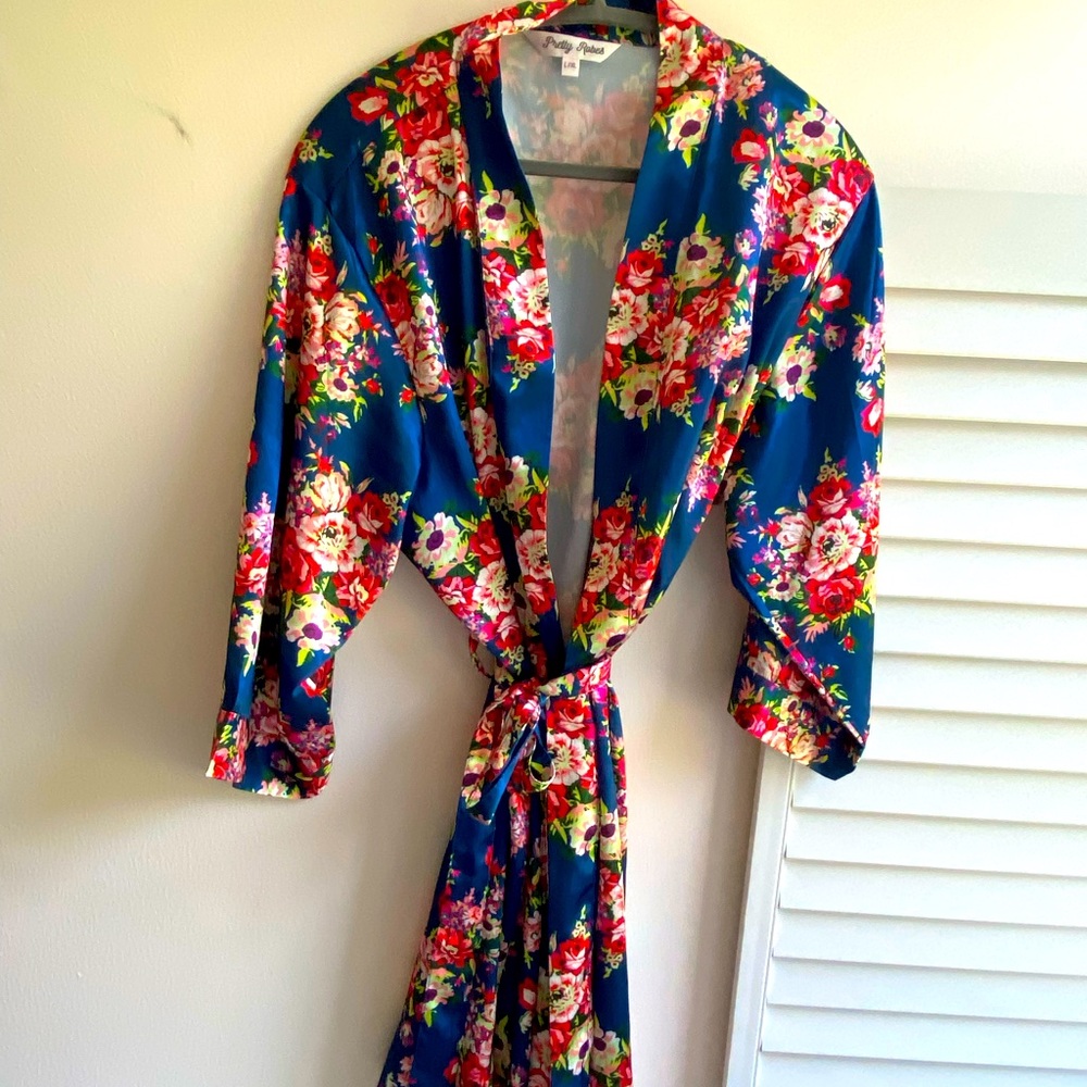 Colorful Floral Robe with Tie Satin Like Material